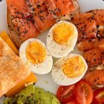 plate with hard boiled eggs, salmon, avocado, tomatoes, and toast